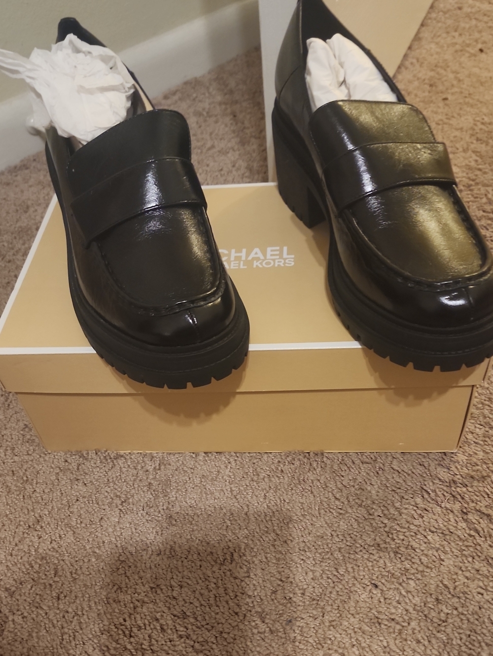 Michael Kors Black Patent Leather Rocco Heeled Loafers